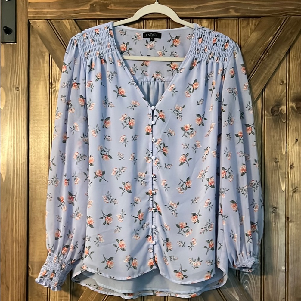 1. State Light Blue Floral Button-Up Blouse